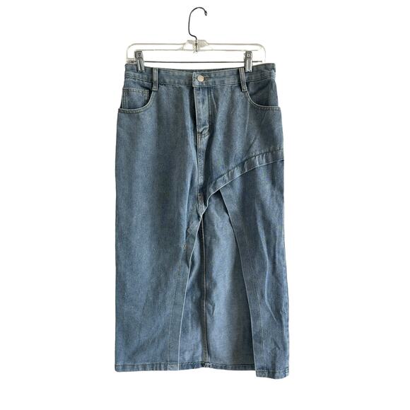 Micas Women's Large Light Blue Wash Slit Denim Pocket Cotton Blend Midi Skirt - Picture 1 of 12